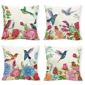 Spring and Summer Hummingbird & Floral Decorative Pillow Covers, Set of 4 with Invisible Zipper, Machine Washable, Suitable for Bedroom, Living Room, Sofa, Car and Home Decoration (Pillow Inserts Not Included).