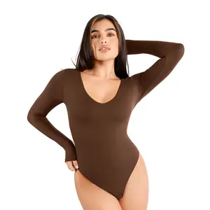 Popilush The Shapewear Bodysui CloudSense Seamless V-Neck Long-Sleeve Bodysuits Fabric Mesh Tops Fit Womenswear