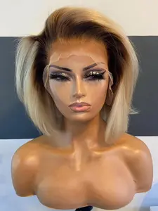 A 14 inch soft Ombre Blond Straight Hair wig with a hair density of 150 and a size of 13x4100% human hair. It is a lace forehead wig with pre trimmed fetal hair, suitable for women's daily wear