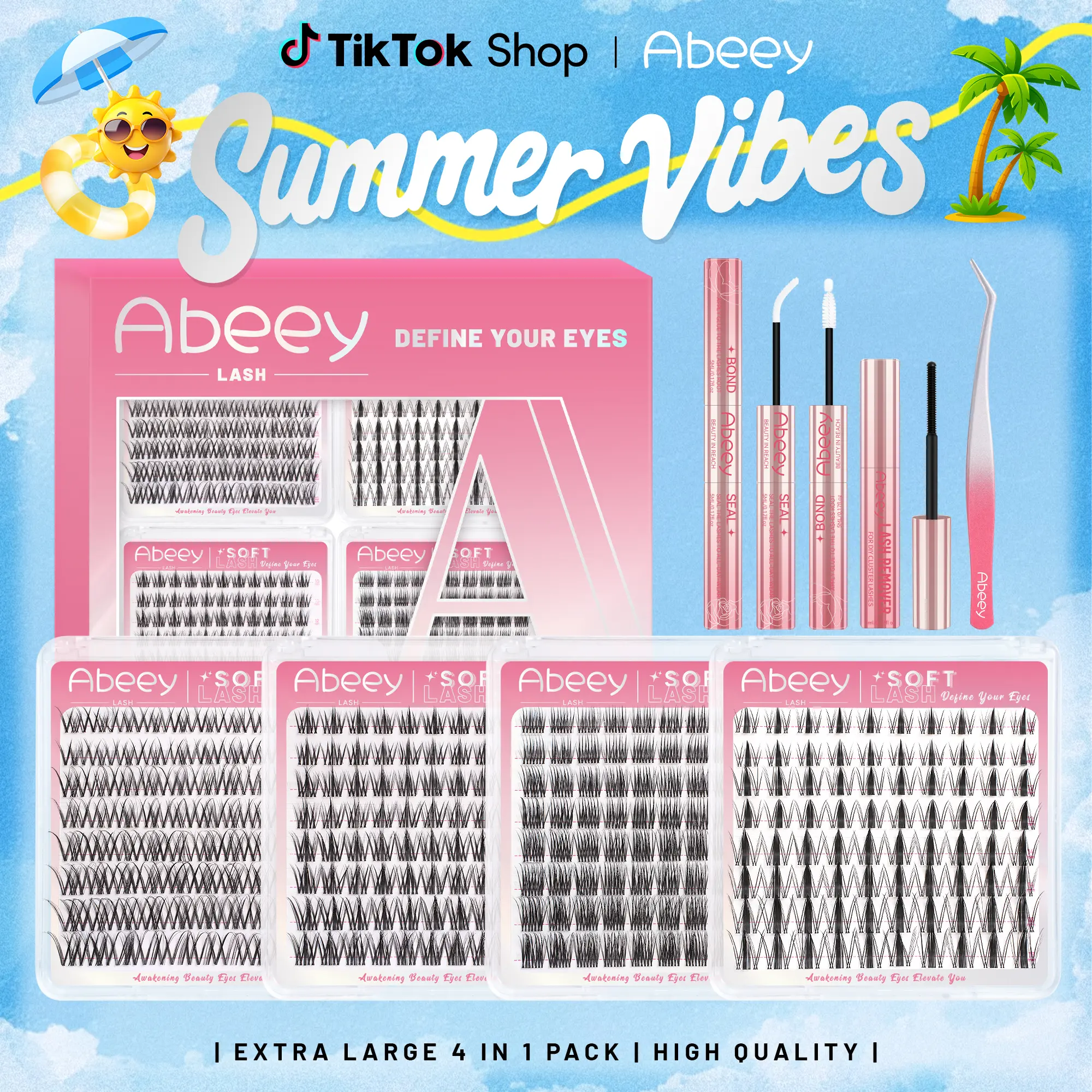 Abeey Natural Lash Cluster Kit | 4-Pack Set (Manga Lashes, Fairy Lashes, Natural Lashes & Spider Lashes) with Bond&Seal, Remover & Tweezer | Waterproof, Long-Lasting, Perfect for Effortless Natural Lashes