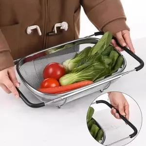 Collapsible 6L Kitchen Colander - Stainless Steel Fine Mesh, Expandable Rubber Handles, Rectangular Sieve for Draining & Washing