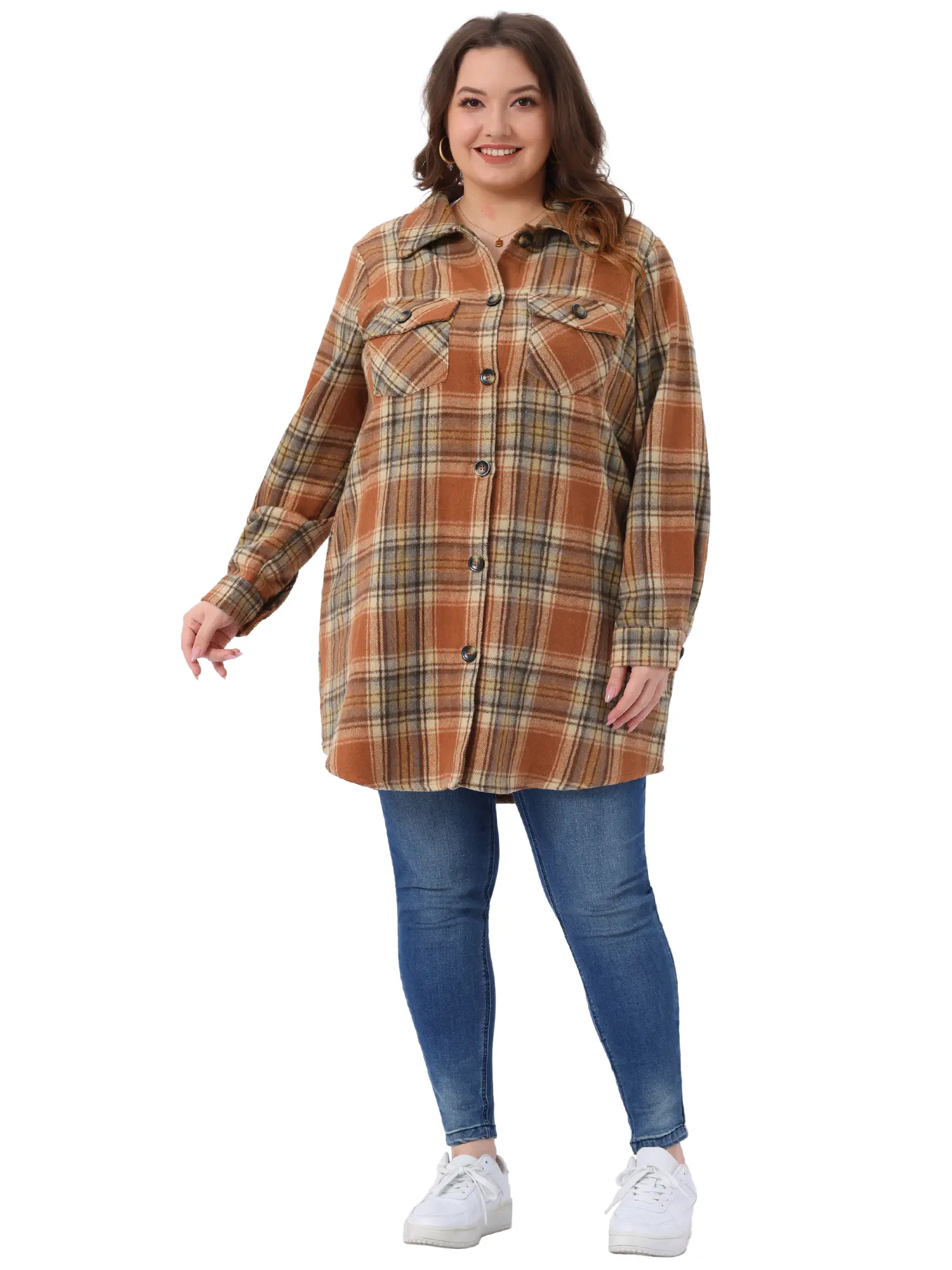 Agnes Orinda Women's Plus Size Plaid Shacket Jacket Long Sleeve Button Down Flannel Shirts Fashion Jacket
