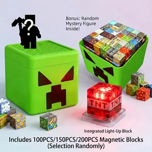 Random Glow Magnetic Blocks Set 100/150/200 Pcs | Super Strong Grip, Drop & Pressure Resistant, Light-Through Rainbow | Hand-Eye, Creative & Spatial Skills | BPA-Free Rounded Extra Large, Non-Slip Easy-Clean | Portable Box – Birthday Gift Ages 3-6