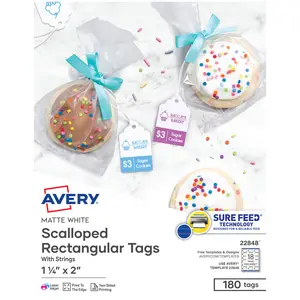 Avery Scalloped Printable Tags with Sure Feed, 2" x 1.25", White, 180 Customizable Tags with Strings, Great for Branding, Gift Tags, Price Tags, and More (22848)