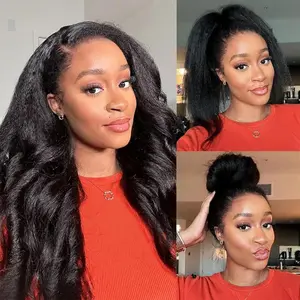 Binf Kinky Straight Half Wig Human Hair 3 In 1 Seamless Flip Over Half Wigs for Black Women Ready to Go Headband Wig 180% Density Drawstring Kinky Curly Half Wig Glueless Natural Black outdoorfun