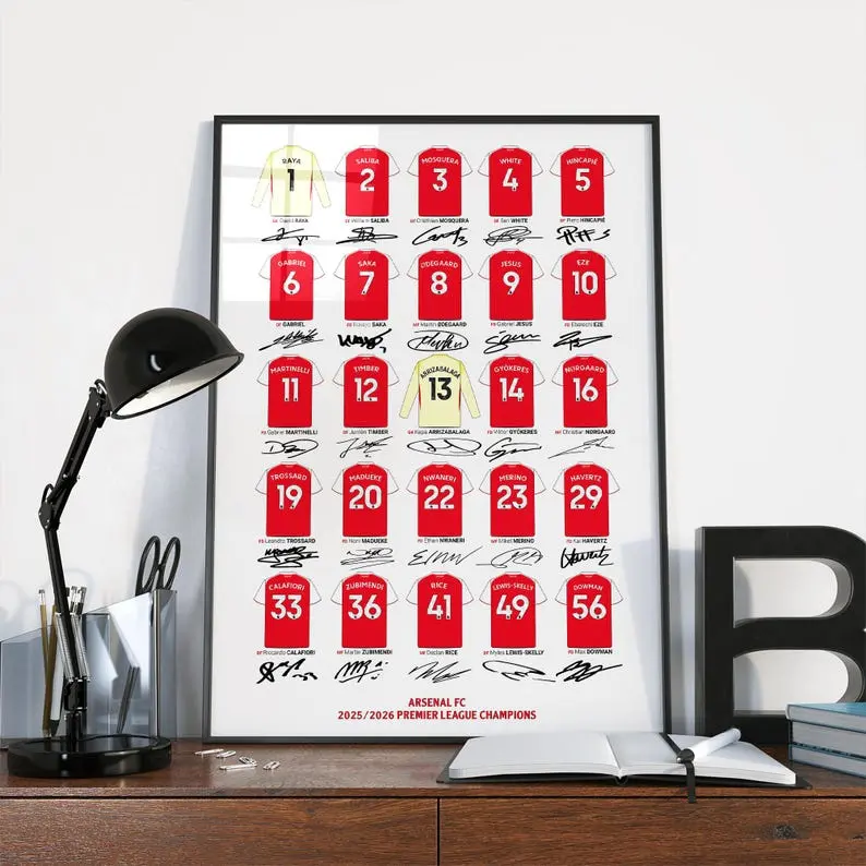 Arsenal 2025/2026 Squad Drawn Shirt Glossy Photo Art Print, Minimalist Collection Wall Decor Poster by Andrew, Ideal Gift for Fans