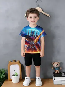 Boys' crew neck short sleeve t-shirt 3D printing robot battle scene, sports leisure spring summer clothing, for teens, lightweight, fashionable, Graphic Printed Shirt
