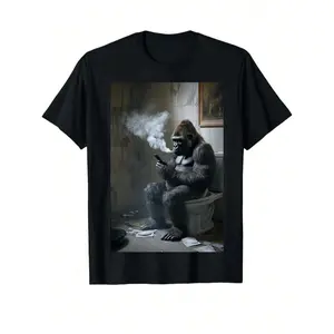 Gorilla Toilet Scene, Smoking And Texting T-Shirt Selected Pure Cotton Design Funny Short Sleeve T-Shirt For Men, Soft And Breathable, Suitable For All Seasons, Comfortable, Casual And Sports