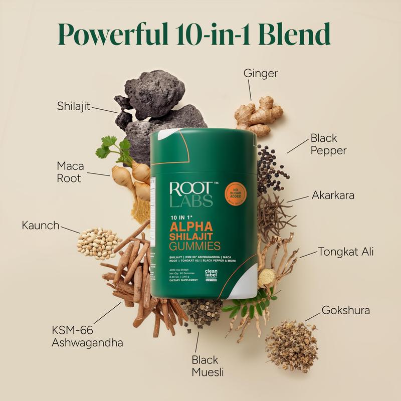 Root Labs Alpha 10-in-1 Shilajit Gummies 4000 mg | New Year New Me Edition | Start 2026 Strong | Energy, Stamina & Focus | Zero Sugar | KSM-66 Ashwagandha, Tongkat Ali, Maca | Vegan | 60 Count | Transform Your Health Goals