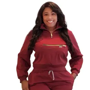 2 Piece Jogger Set - Burgundy Zipper Front Top & Matching Pants for Women