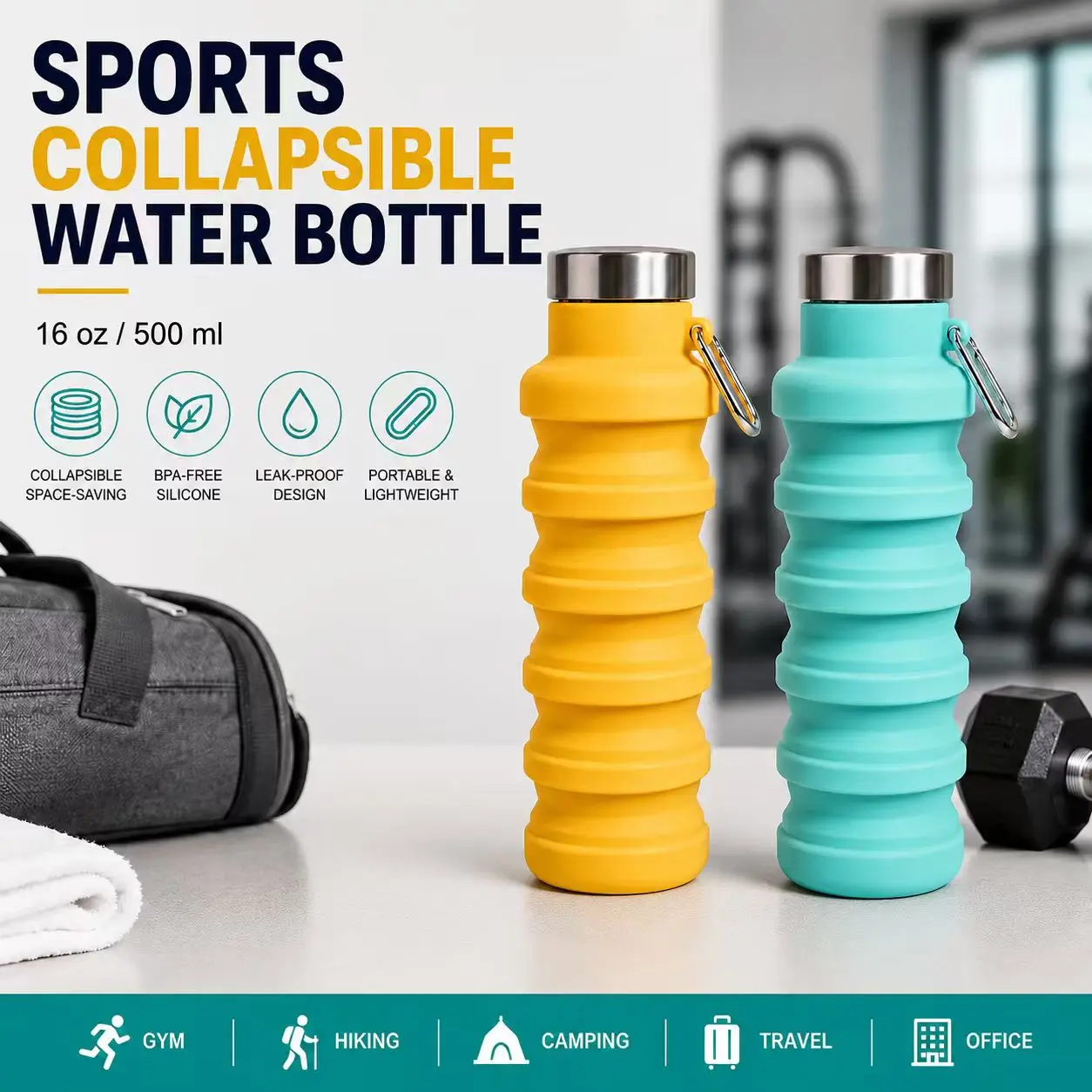 16 oz / 500ml Collapsible Silicone Water Bottle with Carabiner, Leak-Resistant Foldable Sports Bottle, Space-Saving Reusable Travel Cup for Gym, Hiking, Camping, Cycling, Office & Outdoor Activities