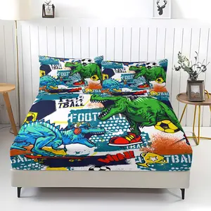Cute Dinosaur Football Pattern Bedding Sheets & Pillowcases,Soft Microfiber Soccer Football Fitted Sheet,Deep Pockets Fitted Sheet Room Decor Camouflage Dinosaur with 2 Pillowcases for Adults Boys and Girls