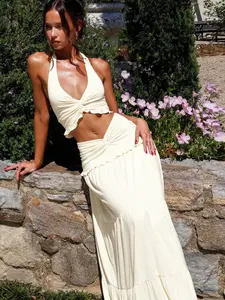 Women's Solid Color Plunge Neck Crop Top & Ruched Skirt Two-piece Set, Sleeveless Halter Neck Top & Bodycon Skirt, Ladies Summer Clothes for Party and Holiday