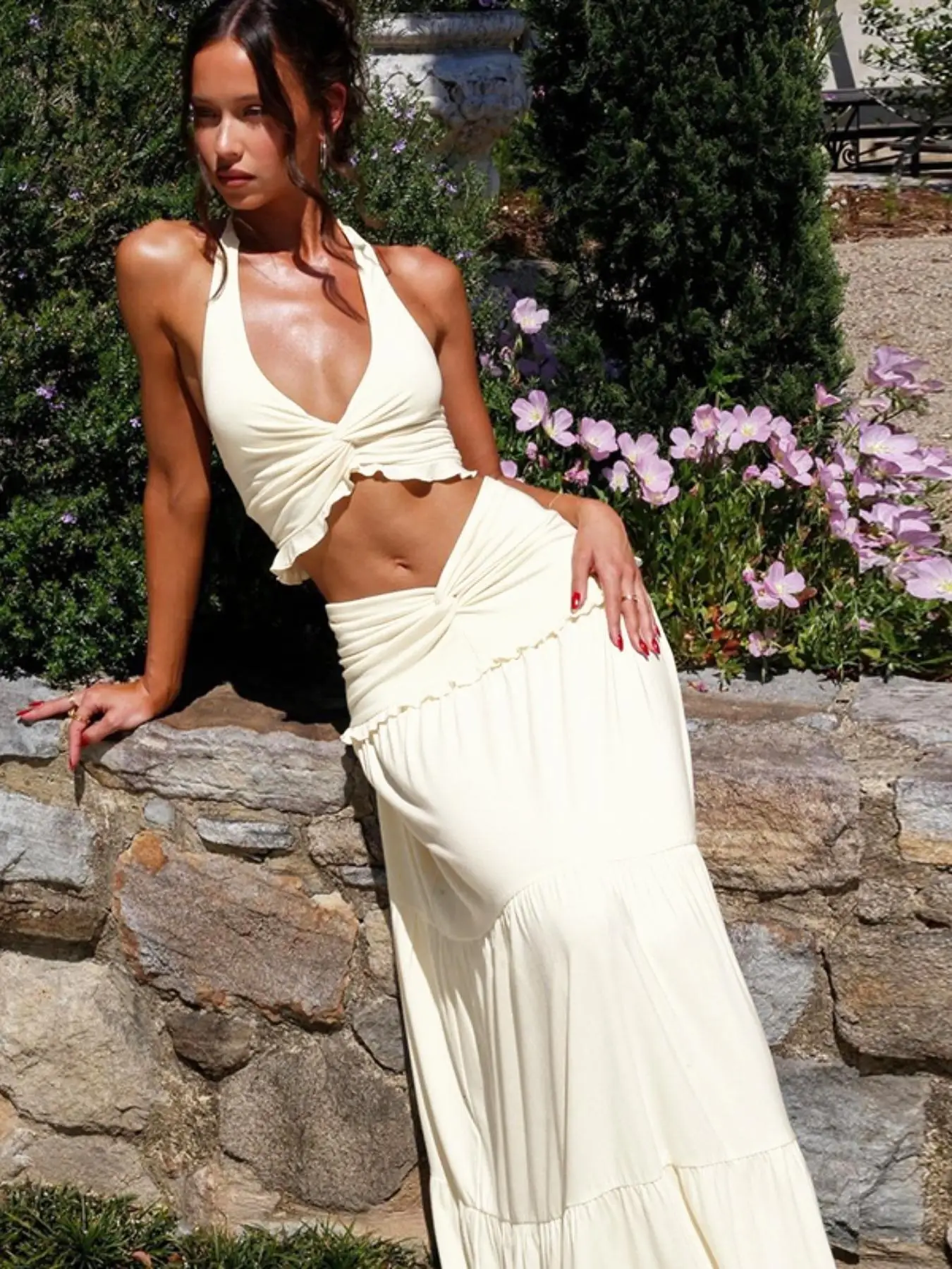 Women's Solid Color Plunge Neck Crop Top & Ruched Skirt Two-piece Set, Sleeveless Halter Neck Top & Bodycon Skirt, Ladies Summer Clothes for Party Hol