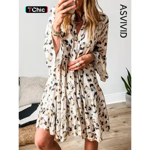 Women's Casual Flowy Feminine Leopard Print Button Front 3/4 Sleeve Tiered Ruffled Hem Dress