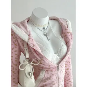 1pc Soft Fleece Leopard Print Zip-Up Hoodie Jacket, Casual Cute Colorblock Design, Suitable For Autumn/Winter, Back To School Season, Leisure & Home Wear For Women Long Sleeve Coats Can be used with raincoat