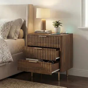 Spaco Nightstand with Charging Station,Modern Bedside Table with 3 Storage Drawer,for Living Room, Bedroom and Small Spaces, Accent Night Stand with Metal Legs