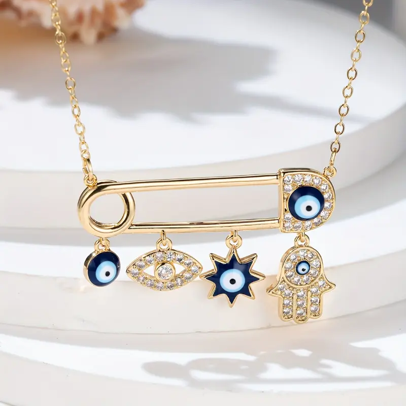 Women's Vintage Boho Demon Eye Pendant Necklace, Copper Chain-Link with Lab-Created Zircon, Adjustable 50cm+5cm Costume Jewelry, Daily Wear Gift