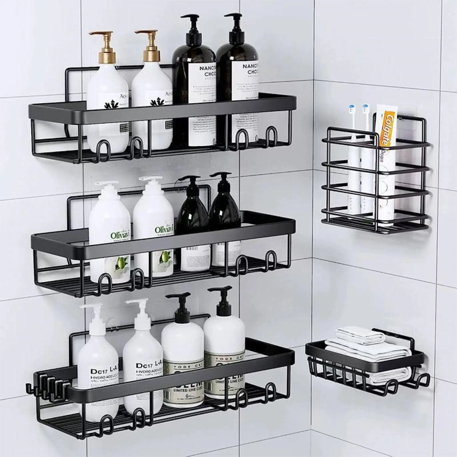 Multifunctional Metal Bathroom Storage Rack，5-Piece Shower Rack with Independent Storage Space, Suitable for Home, Apartment, and School，Multi-functio
