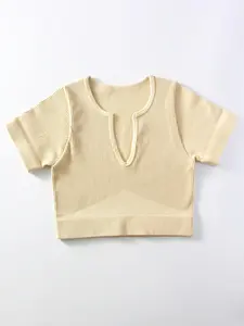 Women's Solid Notched Neck Ribbed Crop Sports Tee, Casual Comfortable Breathable Short Sleeve T-shirt for Yoga Gym Workout, Ladies Sportswear for All Seasons
