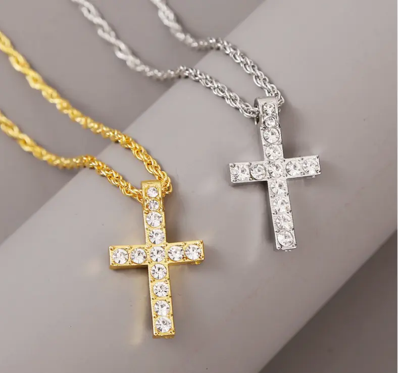 Unisex Yellow Gold Diamond Cross Necklace Chain