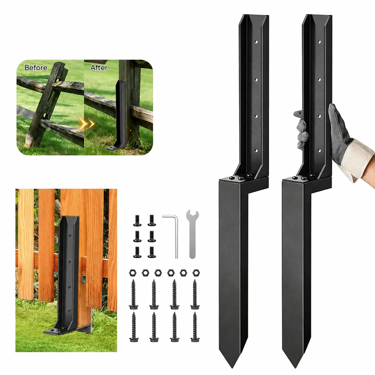 Fence Post Repair Kit 2 Pack, 8mm Double-Layer Post Anchor for Wood Posts | Heavy Duty & Anti-rust Post Anchor, Quick Fix Leaning/Broken 4x4/6x6 Wood Posts Support