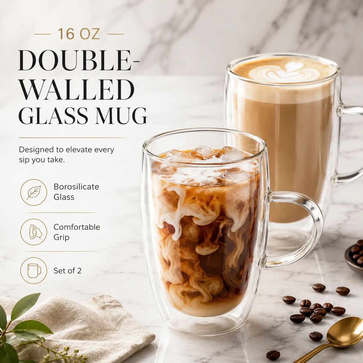 Double Wall Glass Coffee Mugs Set of 2, 16 oz High Borosilicate Insulated Cups with Handle, No Sweat Condensation-Free Thickened Clear Glass Mugs for Iced Coffee, Latte, Cappuccino, Tea, Hot & Cold Beverages daily use drinkware