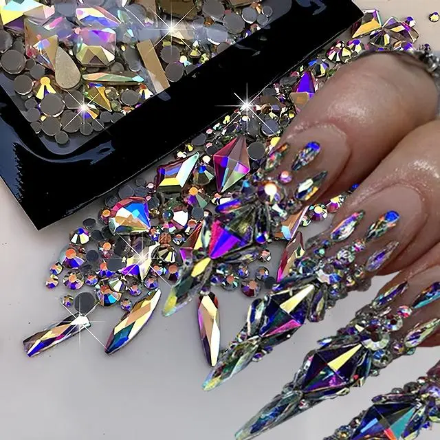 170pcs Irregular Shaped Aurora AB Nail Rhinestones Flat-back Mixed Size Red Clear Sparkly Glass Nail Diamonds Manicure Mini Gems