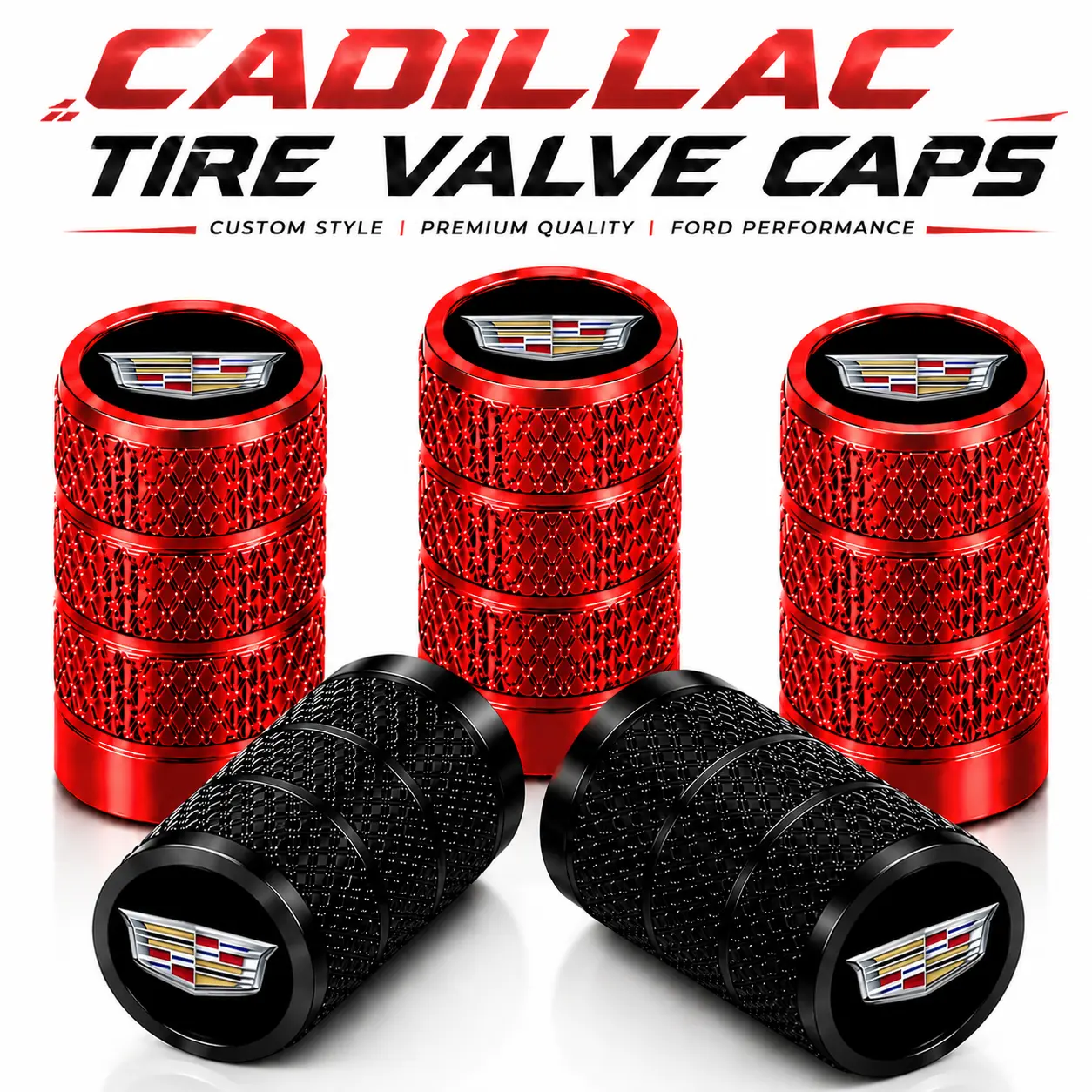 Premium 5 Pack Aluminum Alloy Tire Valve Stem Caps with Rubber Seal For Cadillac Escalade XT5 XT6 CT5 Lyriq XT4 CT4 Anti-Rust Dustproof Airtight Leak-Proof Tool-Free Install American Luxury SUV Sedan Exterior Parts