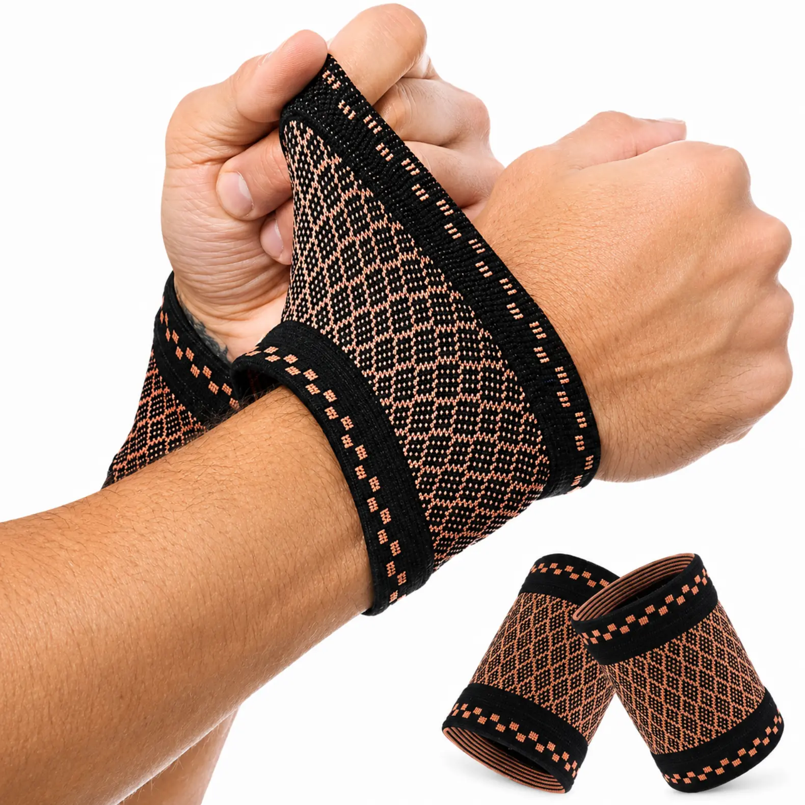 Athletic Copper Wrist Sleeves, 2 Pack Compression Support for Men & Women, Lightweight & Comfortable 3D Knit Nylon for Workout & Weight Lifting, Breathable, S