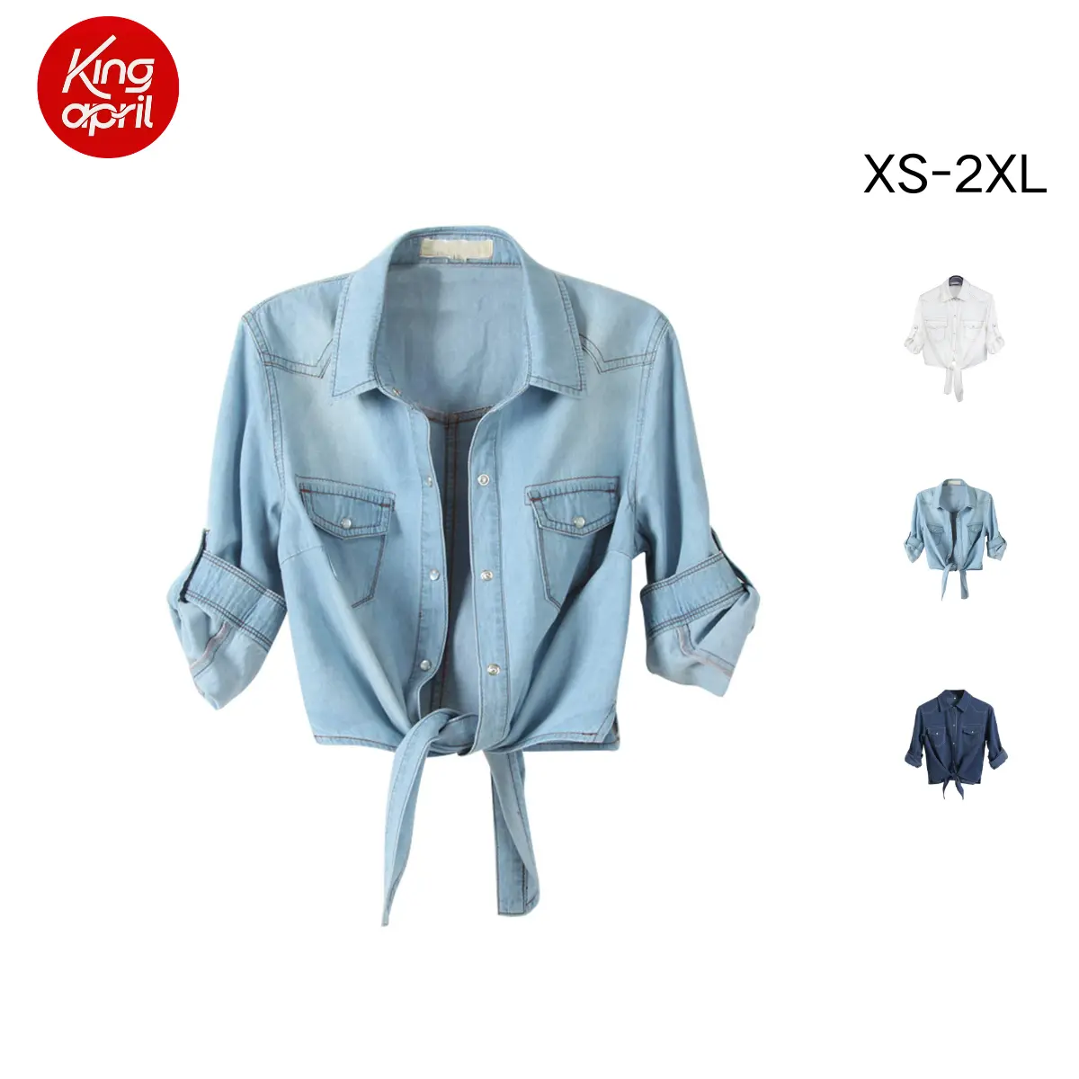 Kingapril Women's 3/4 Sleeve Modern Denim Crop Top Tie Knot Shirt Chambray Cardigan