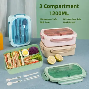 ANSQU Bento Box Adult Lunch Box 3 Compartments 40OZ with Utensils Chopsticks Fork Spoon Microwave & Dishwasher Safe Leak-Proof BPA-Free Plastic Tableware Set