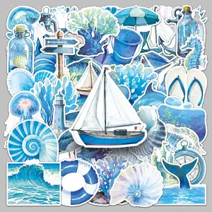 Ocean Themed Sticker, 50pcs/set DIY Decorative Sticker, Scrapbooking & Journal Making Material Paper, DIY Decorative Sticker for Stationery Computer Water Bottle, Graphic Decal