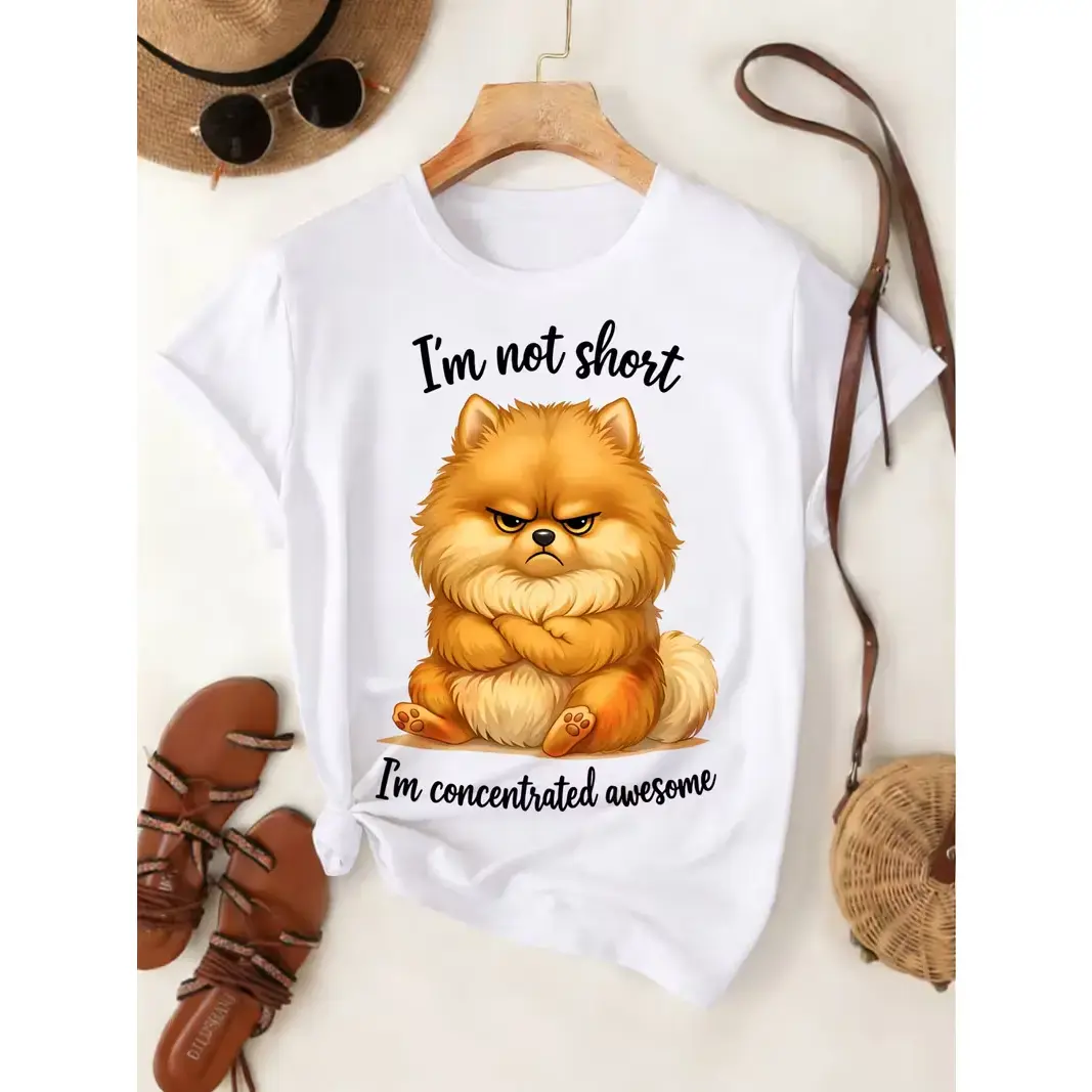 Summer Fashion Women T Shirt Pomeranian Dog Graphic I M Not Short I M Concentrated Awesome Design Casual Outfit for Daily Wear And Travel