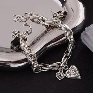 2026 New Unisex 925 Sterling Silver String Bracelet, Vintage Heart & Cross Pendant Trendy Jewelry for Party & Daily Wear, Ideal Gift for Him & Her