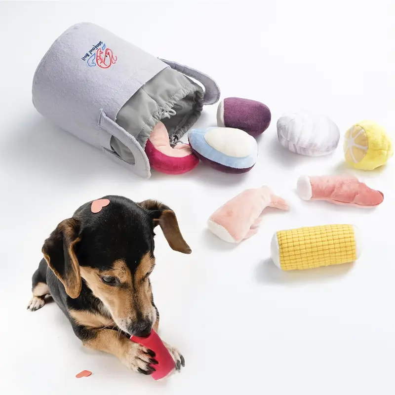 Nocciola Cartoon Seafood Boil-Themed 10-Piece Fabric Dog Toy Set - Squeaky, Crinkle Plush Interactive Hide Toys with Pot, Sturdy Stitching, Harbin Red Accents, Storage Bag, Stress-Relieving Christmas Gift for Small-Medium Dogs (Protects Furniture)
