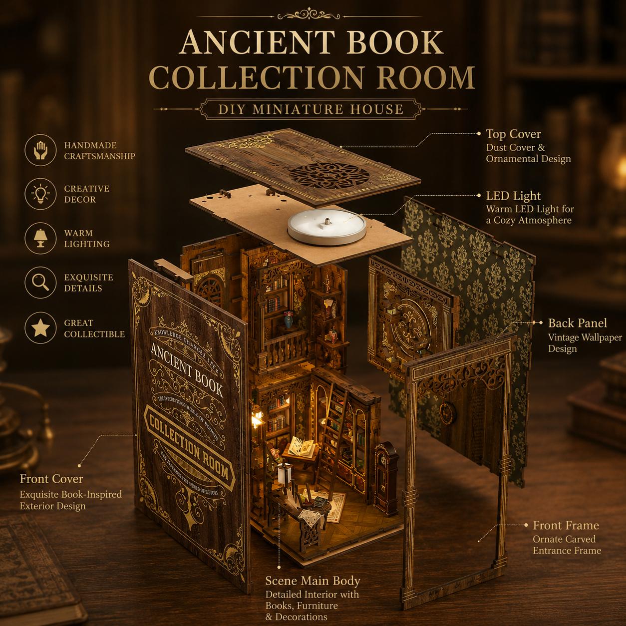 DIY Book Nook Kit Ancient Library – Wooden Miniature Dollhouse with LED Light, Bookshelf Insert Decor