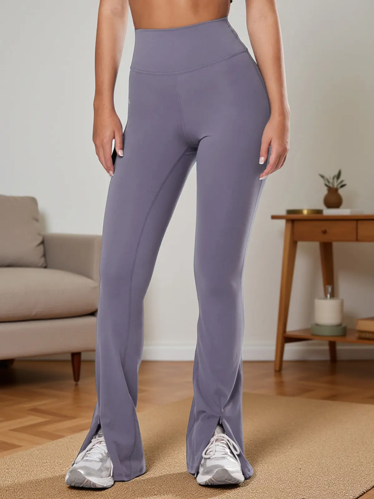 FISOEW Women's High Waisted Flare Yoga Pants in Elastic Polyamide Blend, Athleisure Style with Tummy Control and a Slit Hem, Athleisure Style Pants, Bell Bottom, Elastic Fabric, Split