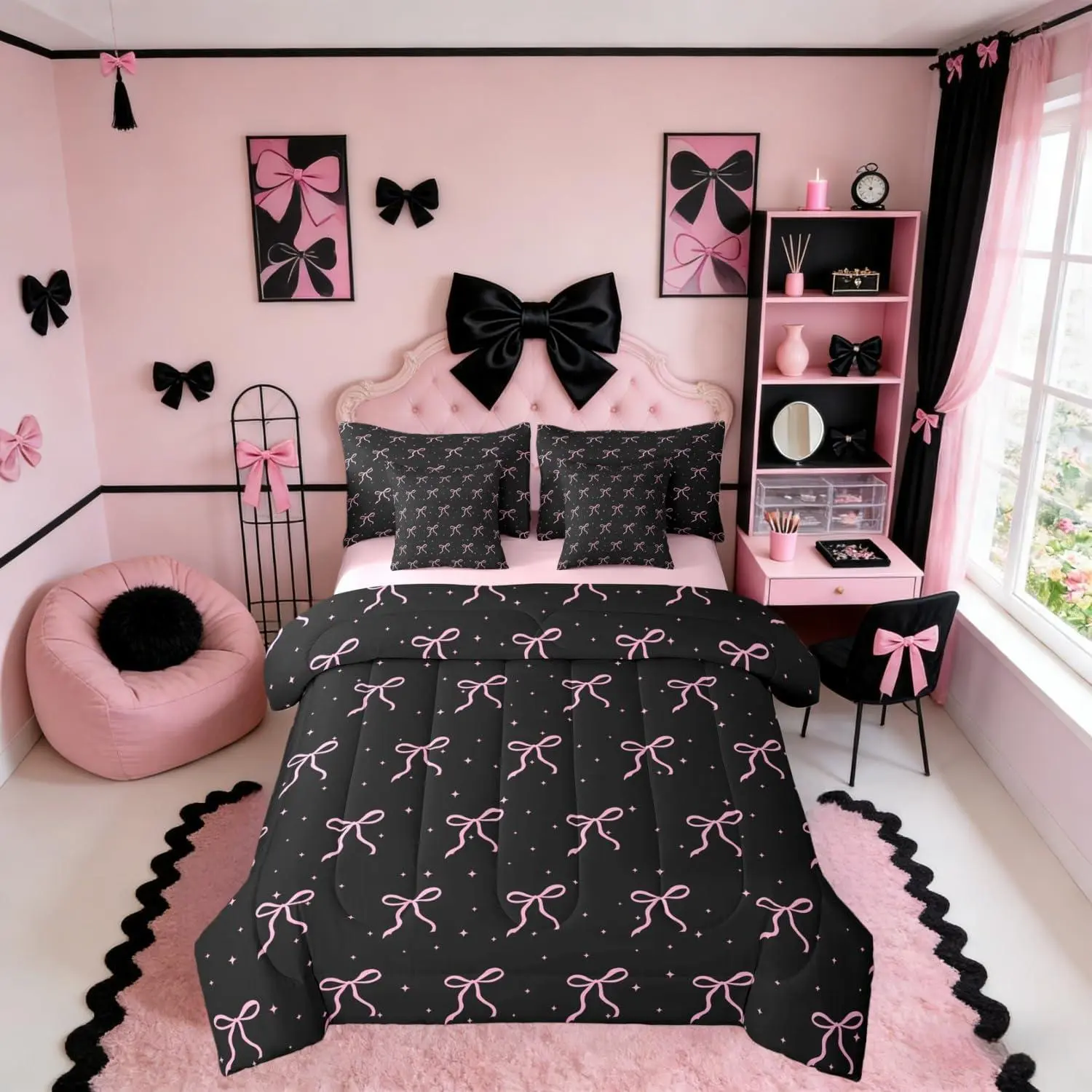 Girls Pink Bow Comforter Set,Black Pink Coquette Bedding Set with Sheets 7 Pieces for Teen Girls Kids Women Bedroom Cute Girly Bows Bed in A Bag Preppy Ribbon Bowknot Bed Sets