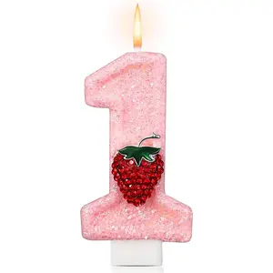 Strawberry 1 Candle for First Birthday Pink  Candle Berry One Glitter Cake Topper for Strawberry 1st Birthday Party Supplies Anniversary Decorations