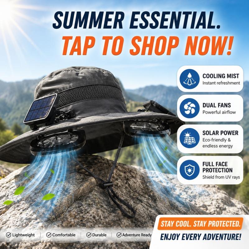 Solar-Powered Fan Sun Hat with Mist Spray, Wide Brim UV Protection Fishing Hat, Dual Fans, Solar & USB Dual Charging, Waterproof Quick-Dry, Adjustable Fit for Men Women Outdoor Hiking Gardening Work