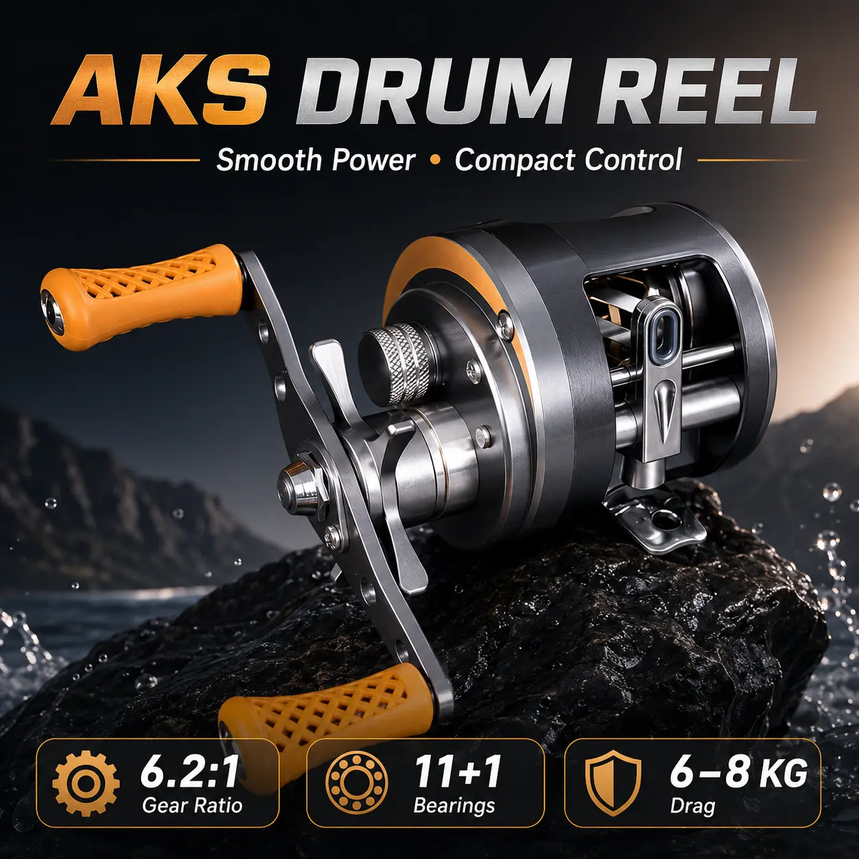 TRONMER AKS Round Drum Baitcasting Reel, 6.2:1 Gear Ratio 11+1BB Smooth Casting Fishing Reel, 6-8KG Max Drag Comfort Orange Mesh Handle Knob Compact Metal Trolling Reel for Freshwater Saltwater Big Game Fishing