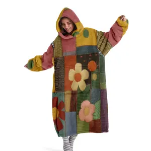 Hooded blanket, wearable blanket, Cozy hooded blanket, vintage patchwork plaid floral print hooded wearable blanket, digital print flannel blanket, soft and warm blanket, sofa throw, bed cover, for office, camping, and travel