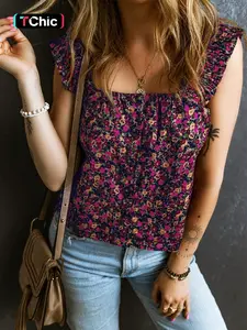 Summer Vacation Bohemian Style Ruffled Shoulder Strap Floral Lace Up Tank Top, Women's Casual Loose Fit Sleeveless Blouse