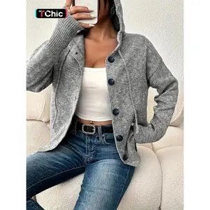 Women's plain button up drawstring hooded cardigan, autumn and winter casual off shoulder long sleeved knitted sweater, women's daily knitted clothing, women's autumn set, women's winter sweater, women's autumn outerwearRAIMENTRY