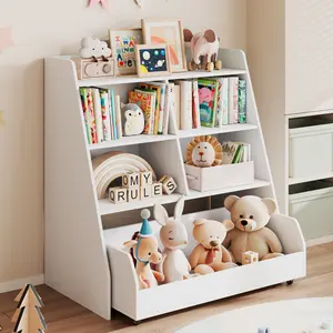 FREDEES 2-in-1 Kids Toy Organizer & Bookshelf - Wooden Children's Shelf with Large Wheeled Drawer - Montessori-Style Storage Furniture for Girls' Bedroom