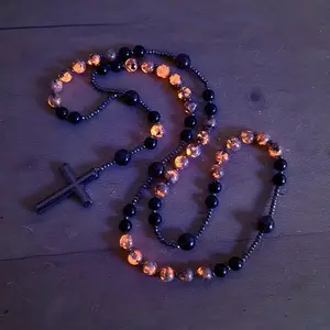 GleamJoy S Natural Obsidian Yooperlite Rosary Necklace UV Reactive Protection Necklace Hematite Stone Cross Pendant Necklace Gift for her, gift for him