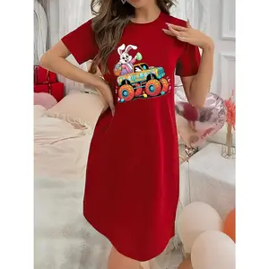 Soft Micro Stretch Women's Lingerie Easter Egg Truck and Bunny Printed Short Sleeve Round Neck Nightgown Sexy Elegant Young Style Women's Valentine's Day Dress Mother's Day Christmas Thanksgiving New Year Gift Ideas