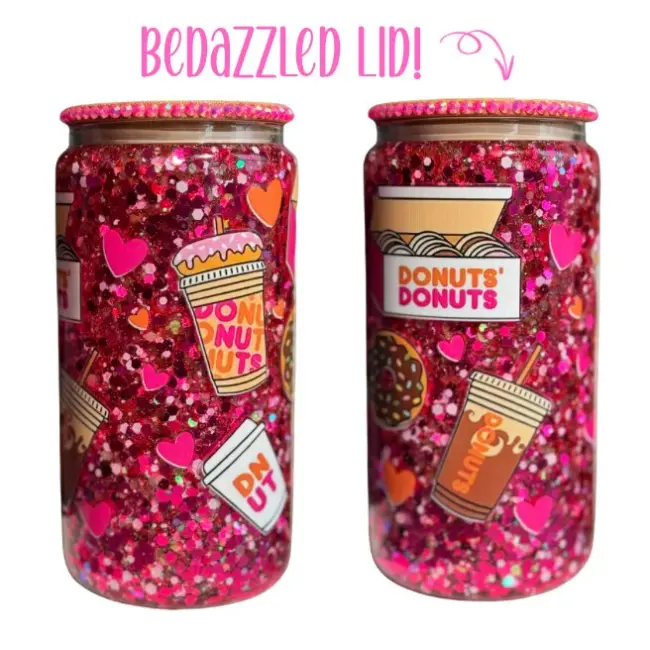 Donut SnowGlobe Tumbler 16oz Glass Can with Pink Glitter Snow Globe Effect & Donut UV DTF Wrap Bedazzled Lid Reusable Straw Perfect for Iced Coffee Tea or Cold Drinks