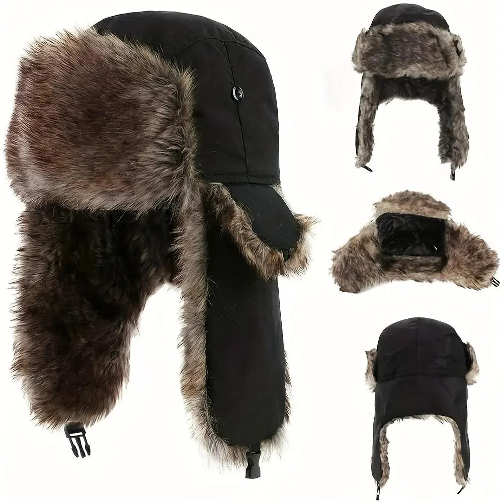 Trapper Hat for Men & Women, Faux Fur & Faux Leather Eskimo Trooper Cap with Windproof Insulated Ear Flaps for Cold Weather Skiing